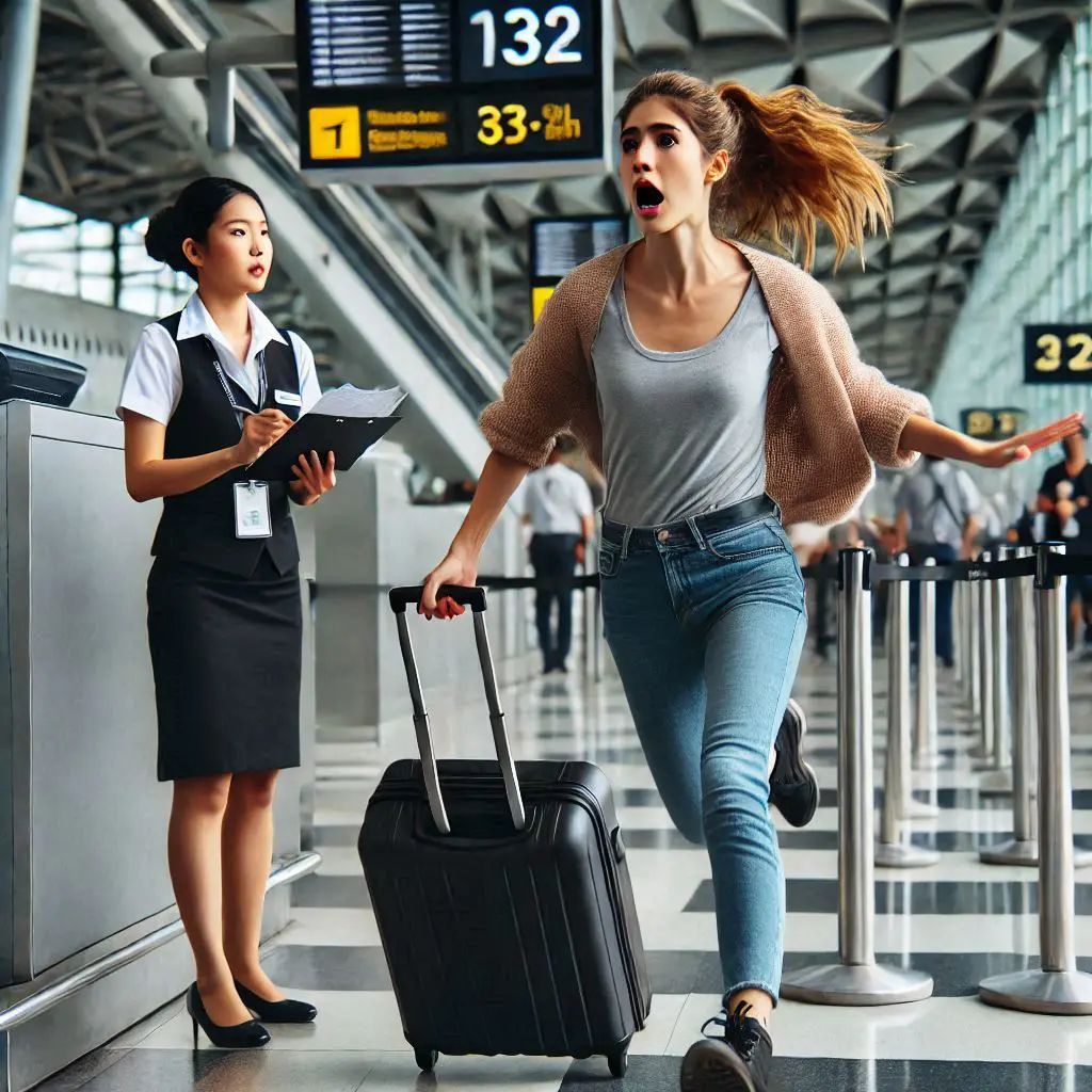 a woman running to catch her flight, holding luggage, with stress and anxiety on her face, in a busy airport with a gate agent facing her