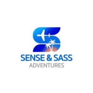 A blue and white logo of sense & sass adventures