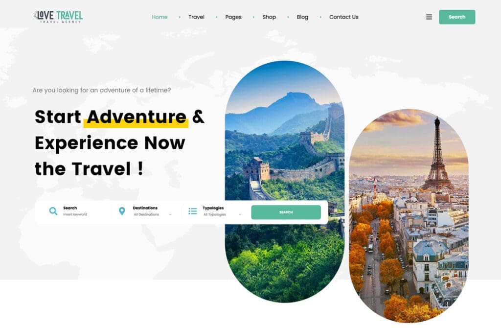 A travel website with a lot of images