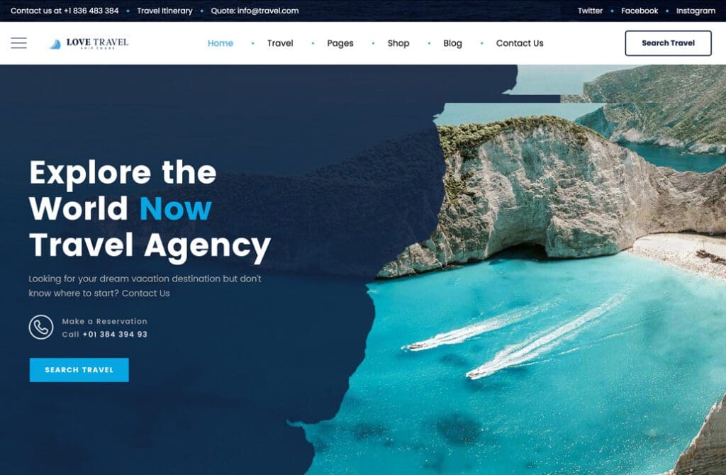 A travel agency website with a blue background