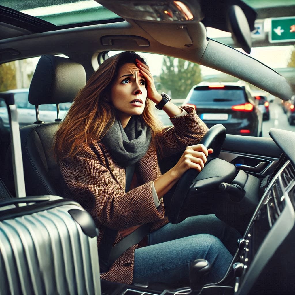a woman driving through traffic, anxious and stressing, with luggage in the back seats